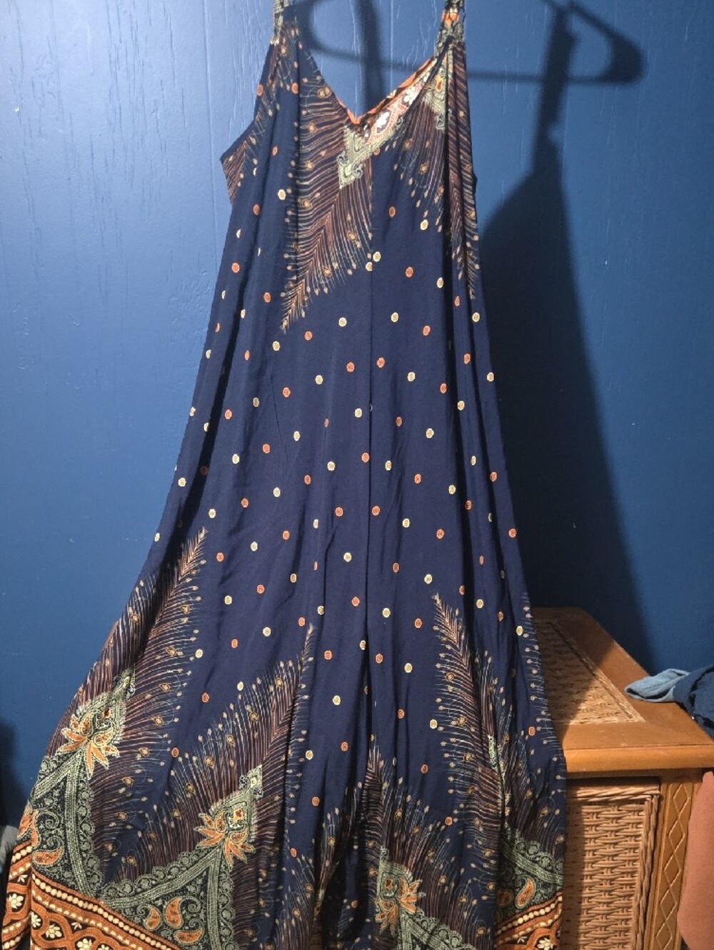 BloomChic Navy Wide-Leg Printed Jumpsuit with Gold & Teal Border - Picture 5 of 6